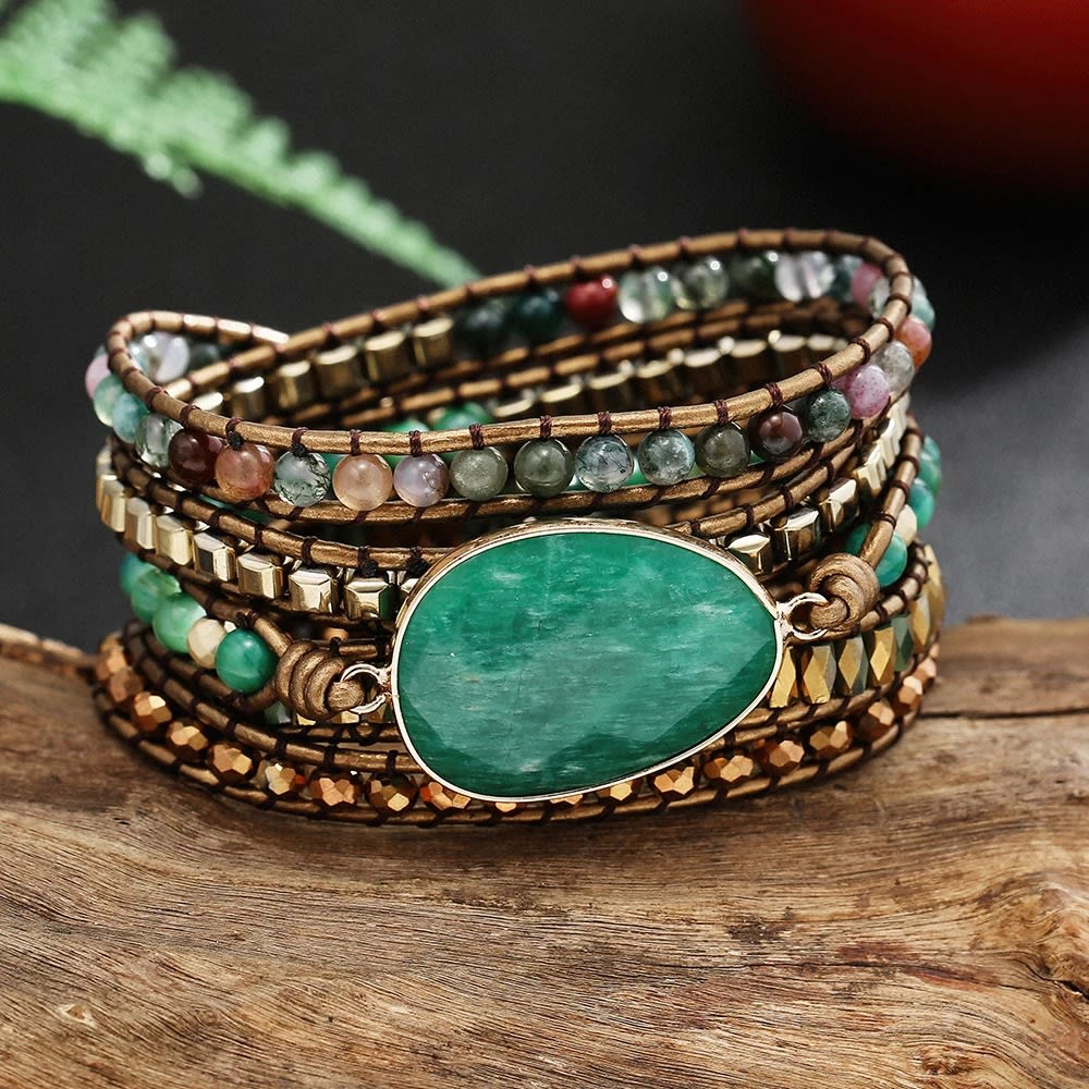 Genuine Leather Natural Stone Gemstone Crystal Bead Bracelet Vinage Style Green Stone Handwoven 5 Wrap Bracelet Jewelry